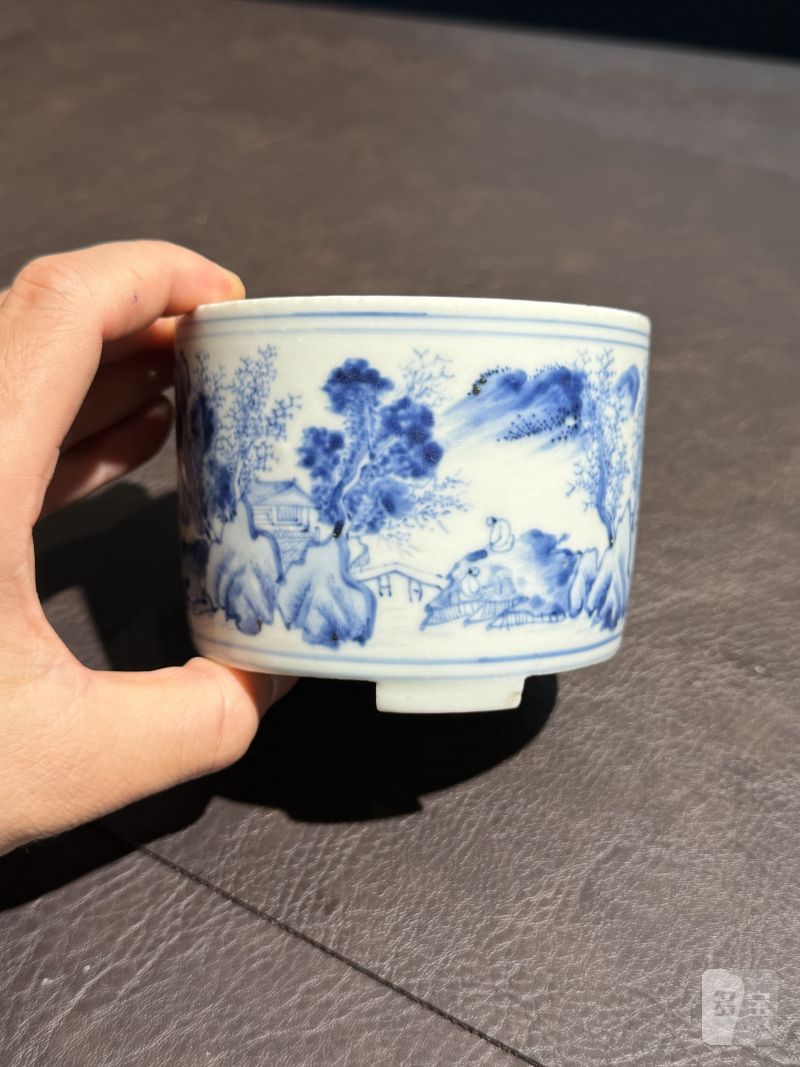明崇祯 青花山水人物纹琴炉 - 图5